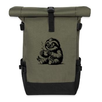 Lustiges Faultier mit Kaffee Tasse Zeichnung - Rolltop Rucksack - Olive/Schwarz - Vorne