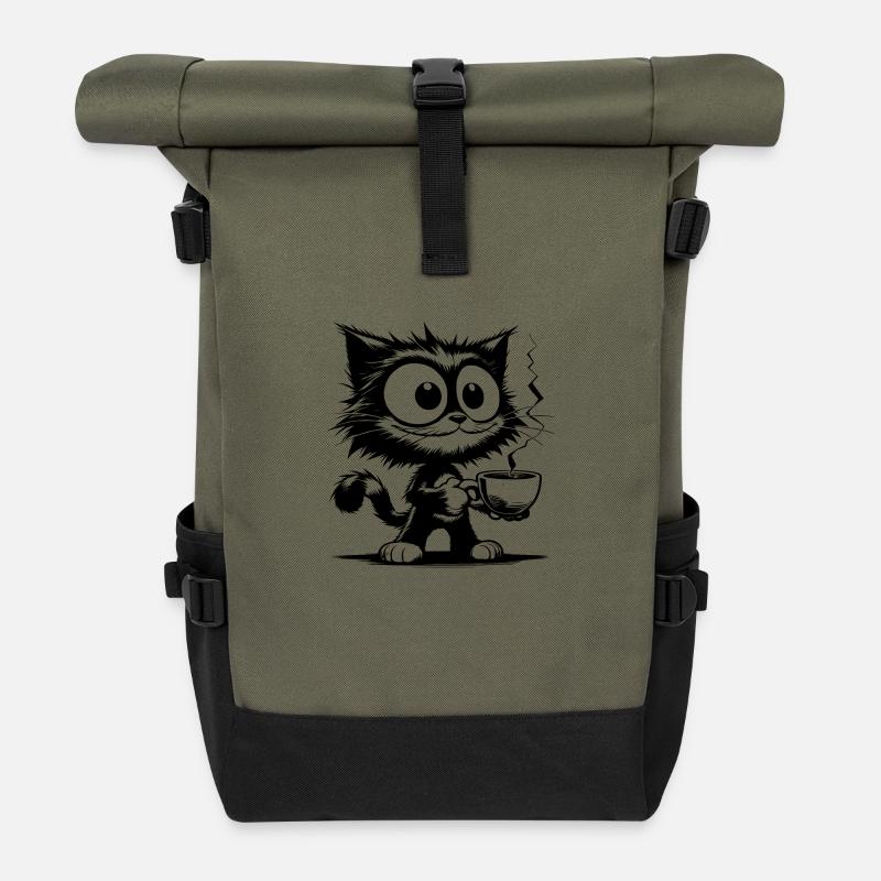 Lustig grinsende Katze mit Kaffeetasse - Rolltop Rucksack - Olive/Schwarz