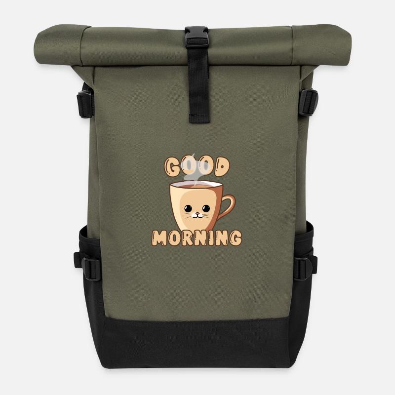 Good Morning Cute Cat Cup - Rolltop Rucksack - Olive/Schwarz