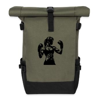 Muskulöse Frau mit Zopf im Boxkampf-Modus - Rolltop Rucksack - Olive/Schwarz - Vorne