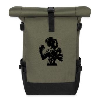 Muskulöse Frau in Boxstellung bereit für den Kampf - Rolltop Rucksack - Olive/Schwarz - Vorne