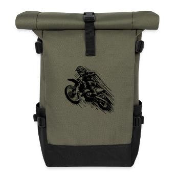 Enduro Gelände Motorsport Maschine im Sprung - Rolltop Rucksack - Olive/Schwarz - Vorne