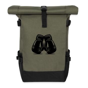 Boxhandschuhe zwei Kampfsport Zubehör Teile - Rolltop Rucksack - Olive/Schwarz - Vorne