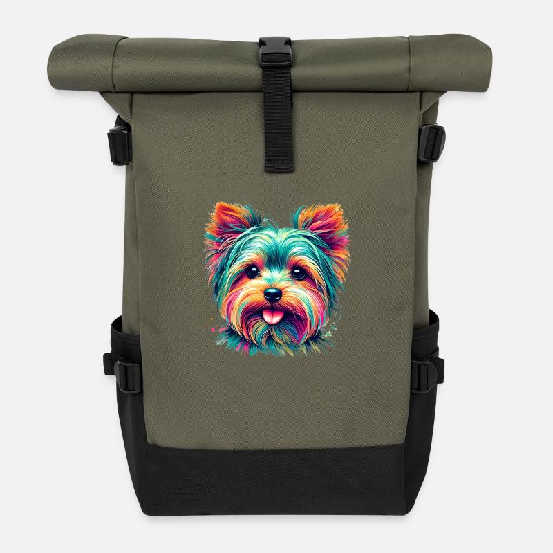 Buntes Yorkshire Terrier Porträt - Rolltop Rucksack - Olive/Schwarz