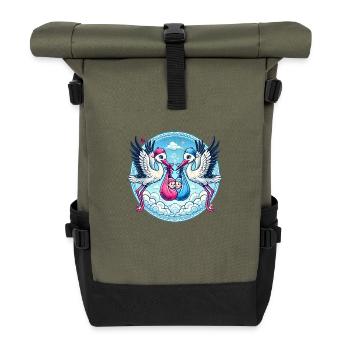 Rosa oder Blauer Storch Baby Bundle Design - Rolltop Rucksack - Olive/Schwarz - Vorne