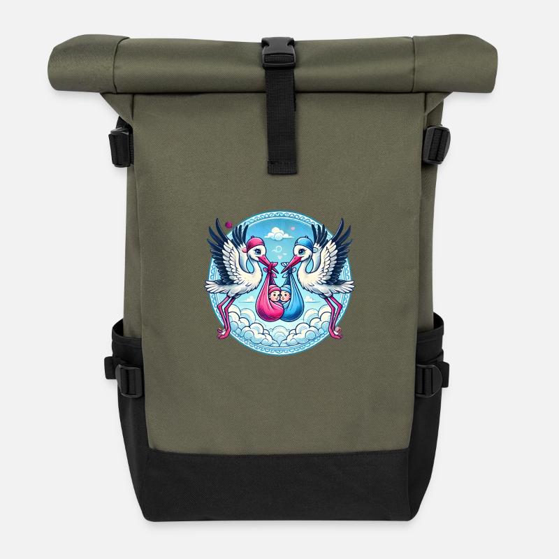 Rosa oder Blauer Storch Baby Bundle Design - Rolltop Rucksack - Olive/Schwarz