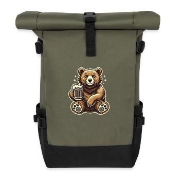 Funny BeerLoving Bear Cartoon Design - Roll Top Backpack - olive/black - Front