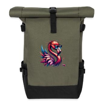 Trendy Flamingo Art with Sunglasses - Roll Top Backpack - olive/black - Front