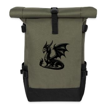 Eindrucksvoller Drache mit Flügeln und Hörnern - Rolltop Rucksack - Olive/Schwarz - Vorne