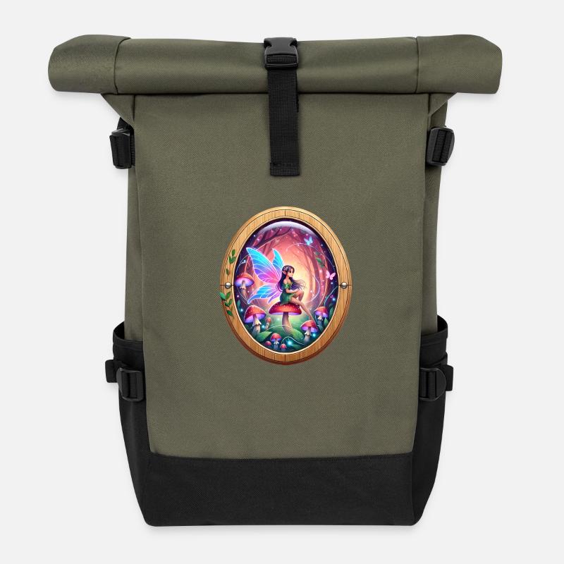 Fée sur un motif de champignon arc-en-ciel - Sac à dos roll top - olive/noir