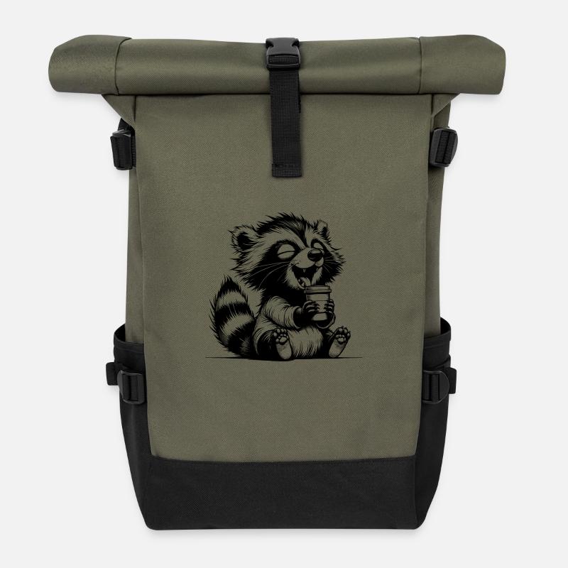 Glücklicher Waschbär mit voller Kaffeetasse - Rolltop Rucksack - Olive/Schwarz