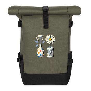 Vintage-Gänseblümchen in skurrilen Vasen - Rolltop Rucksack - Olive/Schwarz - Vorne