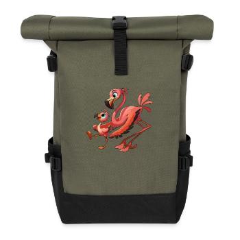 Flamingo-Mutter mit herumtollendem Kind - Rolltop Rucksack - Olive/Schwarz - Vorne