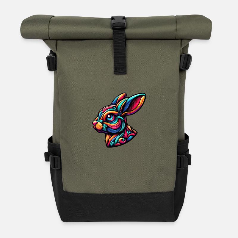 Abstract Rabbit Illustration - Roll Top Backpack - olive/black