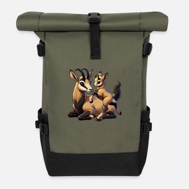Edelsteine klettern Ziege spielt mit Jungem - Rolltop Rucksack - Olive/Schwarz