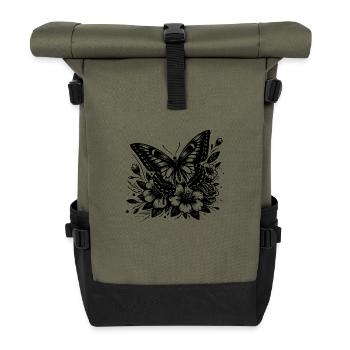 Fantasievoller Schmetterling Blumen und Insekt - Rolltop Rucksack - Olive/Schwarz - Vorne