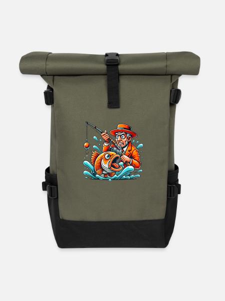 Lustiger Fischer und wütender Fisch Karikatur - Rolltop Rucksack - Olive/Schwarz