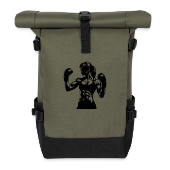 Strong boxer woman in fighting pose with raised fists - Roll Top Backpack - olive/black - Front
