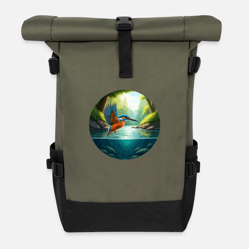 Eisvogel fliegt über Bach - Rolltop Rucksack - Olive/Schwarz