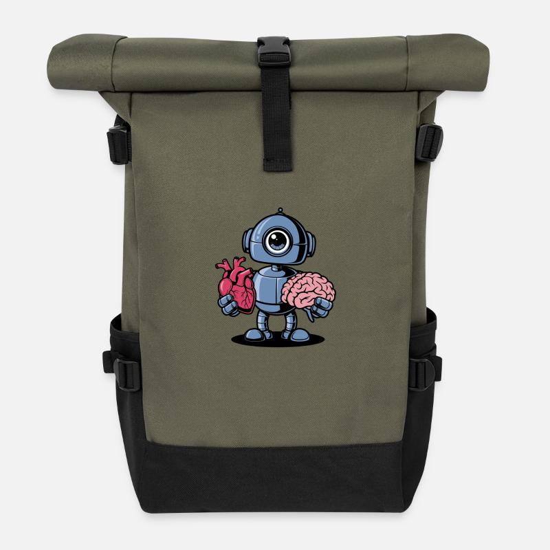 Heart vs. Brain Robot - Roll Top Backpack - olive/black