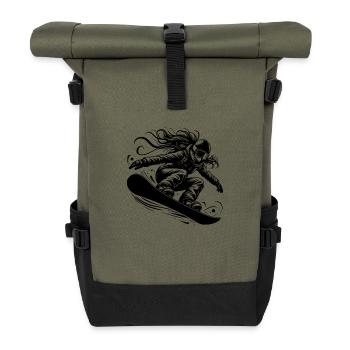 Dynamische Snowboarderin im Action Sprung - Rolltop Rucksack - Olive/Schwarz - Vorne