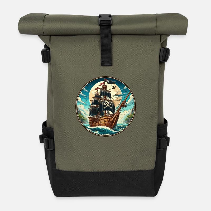 Bateau pirate grand - Sac à dos roll top - olive/noir