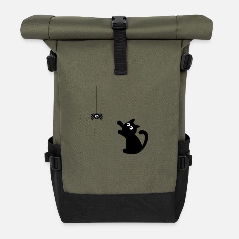 Süß, aber gruselig: Cartoon-Kätzchen - Rolltop Rucksack - Olive/Schwarz