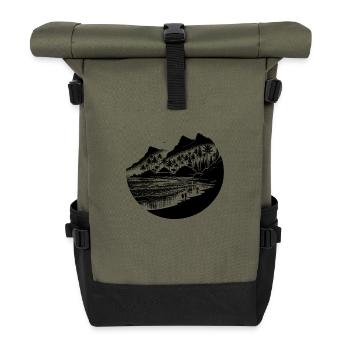 Tropical beach and sea with palm trees and mountains - Roll Top Backpack - olive/black - Front