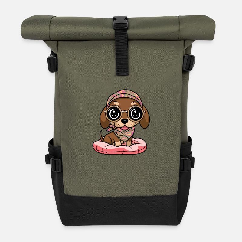 Teckel Kawaii avec lunettes - Sac à dos roll top - olive/noir
