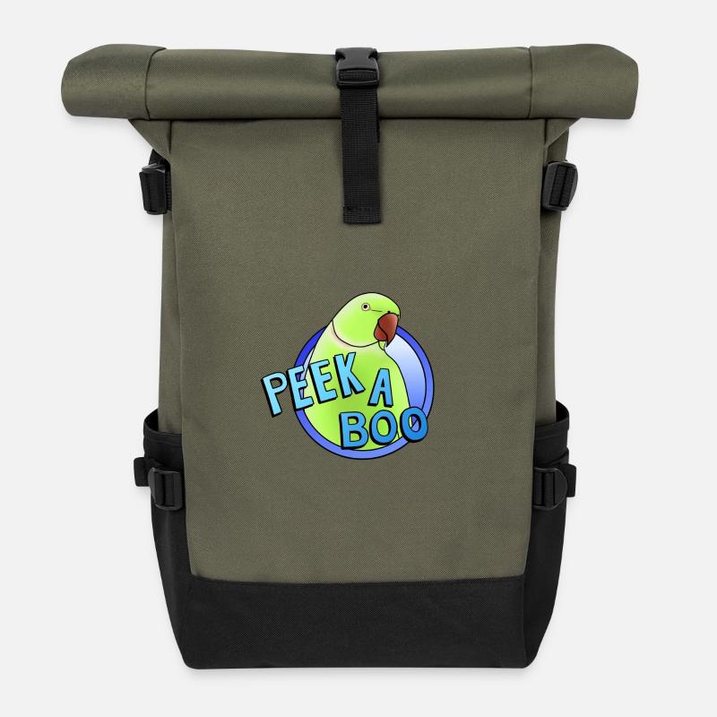 green collared parakeet "Peek-a-boo" - Roll Top Backpack - olive/black