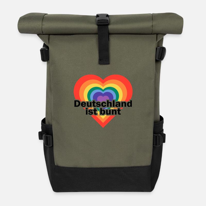 Deutschland ist bunt Herz in Regenbogen Farben - Rolltop Rucksack - Olive/Schwarz