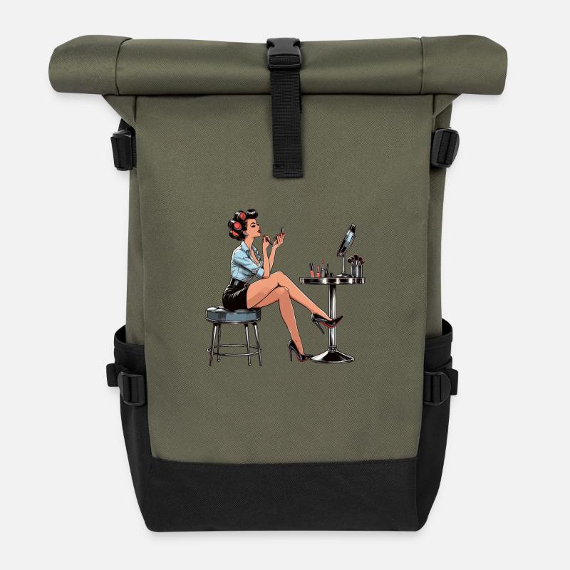 Frau Rockabilly Schminke schminken Retro Geschenk - Rolltop Rucksack - Olive/Schwarz