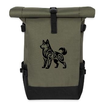 Mystischer kraftvoller Tribal Husky Hund - Rolltop Rucksack - Olive/Schwarz - Vorne
