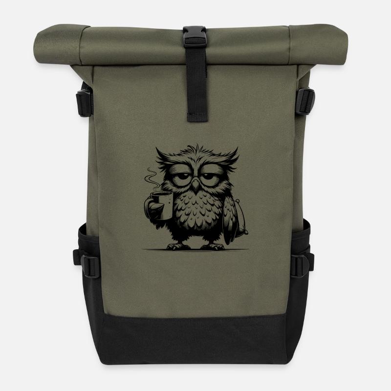 Lustige müde Comic Eule mit Kaffee Defizit - Rolltop Rucksack - Olive/Schwarz