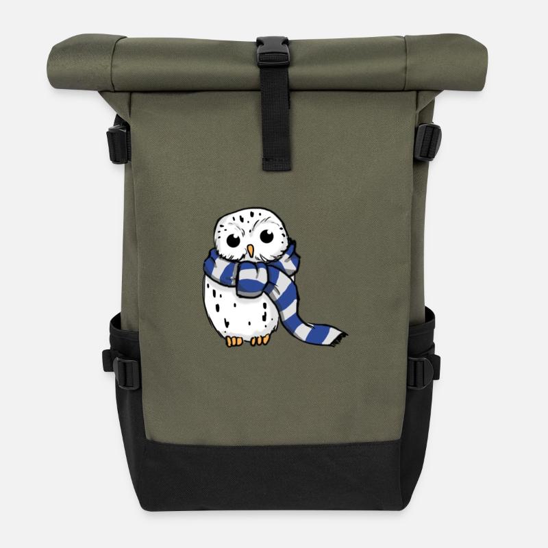Schneeeule Blau-Weiß - Rolltop Rucksack - Olive/Schwarz