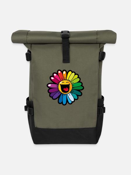 Smiley Colourful Daisy - Rolltop Rucksack - Olive/Schwarz