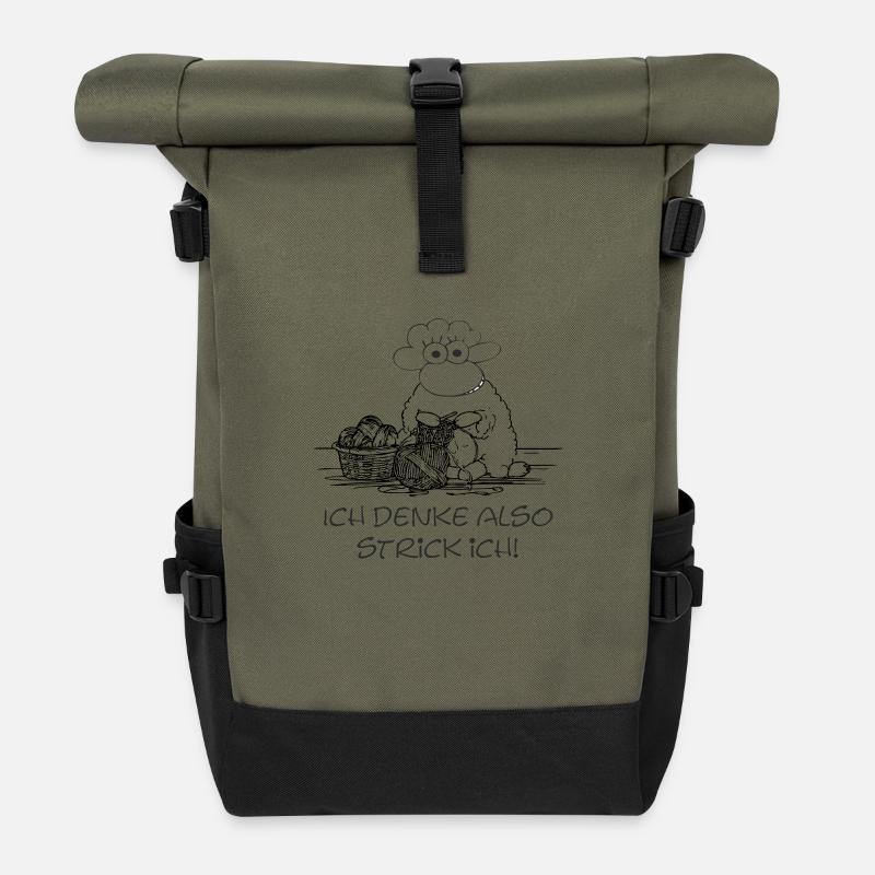 I think, so I'm knitting – funny sheep motif - Roll Top Backpack - olive/black