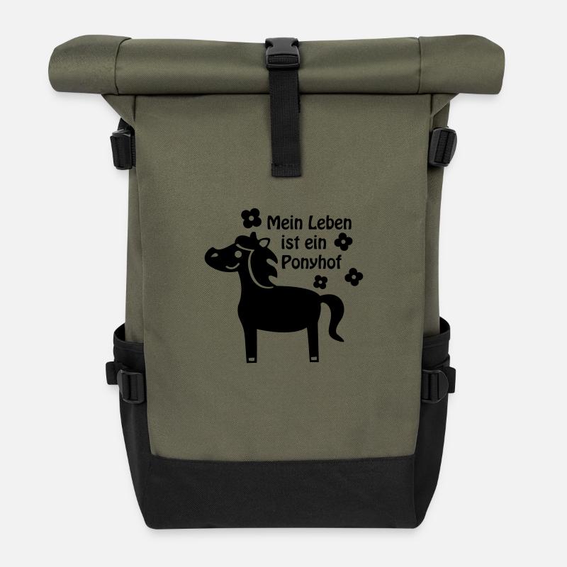 Leben ist Ponyhof / Pferd Pony - Rolltop Rucksack - Olive/Schwarz