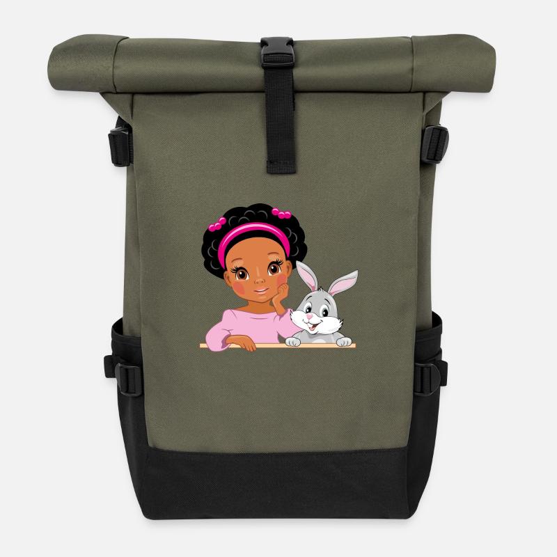 Cute beautiful afro girl with rabbit - Roll Top Backpack - olive/black