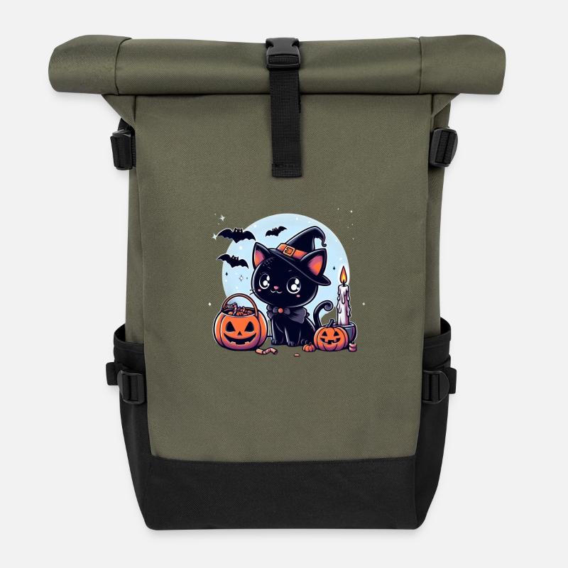 Katzen-Halloween - Rolltop Rucksack - Olive/Schwarz