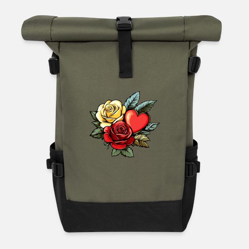 Rose Herz Liebe Valentinstag - Rolltop Rucksack - Olive/Schwarz