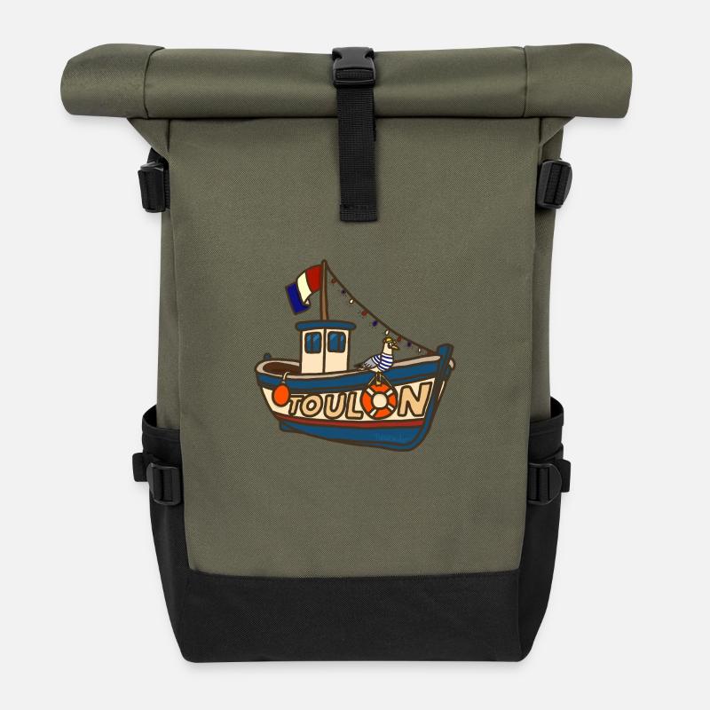 Fischerboot Toulon mit lustiger Möwe - Rolltop Rucksack - Olive/Schwarz