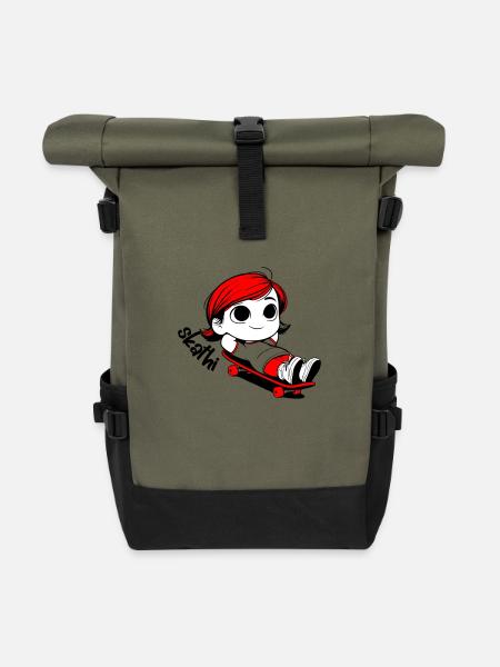 Kathi relaxes on a skateboard. - Roll Top Backpack - olive/black