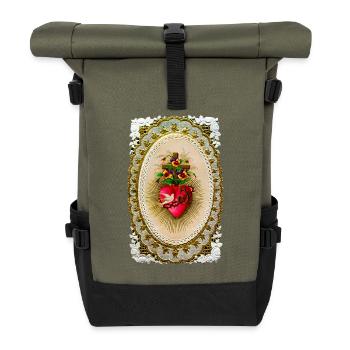 rotes Herz mit Blumen und Kreuz - Rolltop Rucksack - Olive/Schwarz - Vorne