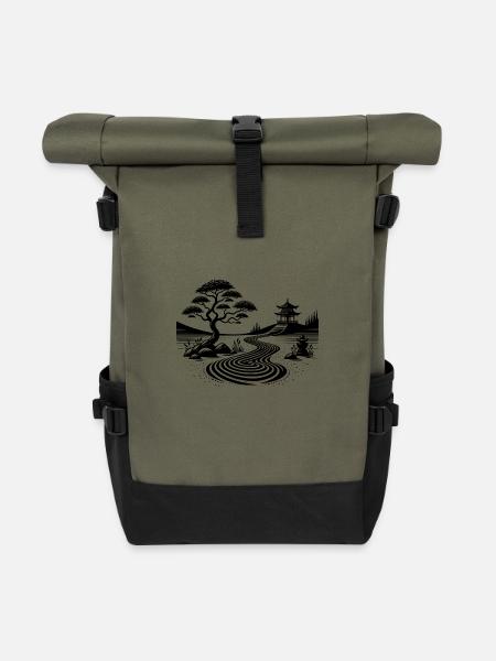 Geometrische Landschaft mit traditionellem Tempel - Rolltop Rucksack - Olive/Schwarz