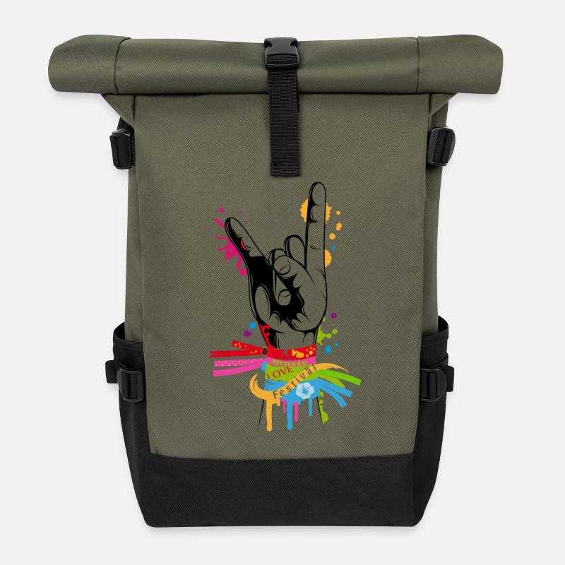 Zeichnung einer Hand mit Festival Bändchen - Rolltop Rucksack - Olive/Schwarz