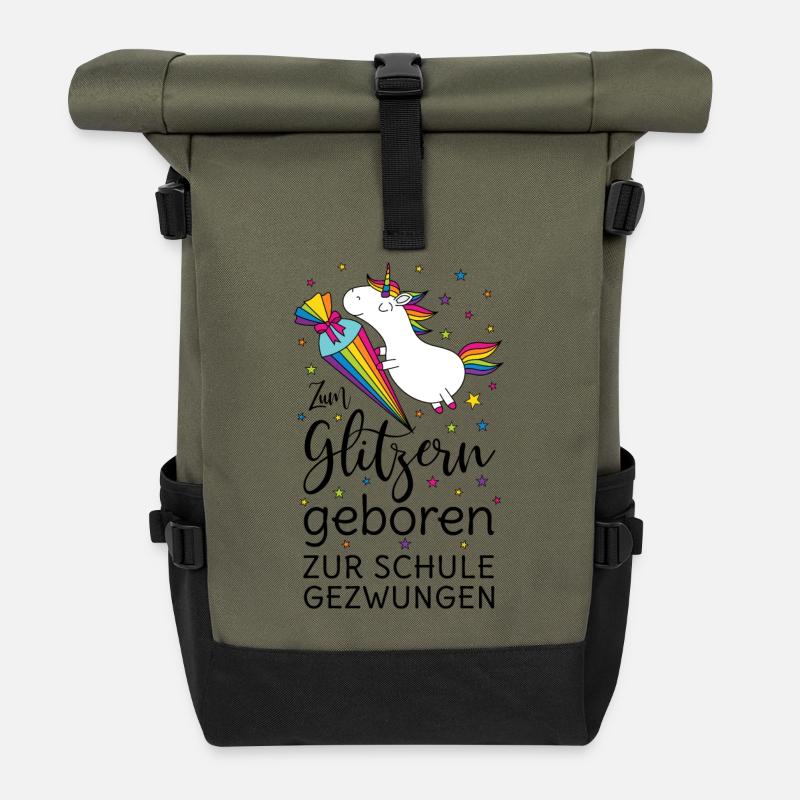 Einschulung Einhorn Zum Glitzern Geboren Schule - Rolltop Rucksack - Olive/Schwarz
