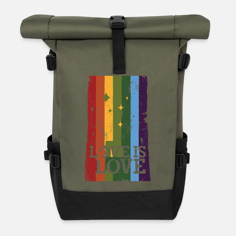 Distressed Pride Flag, Love is Love - Rolltop Rucksack - Olive/Schwarz