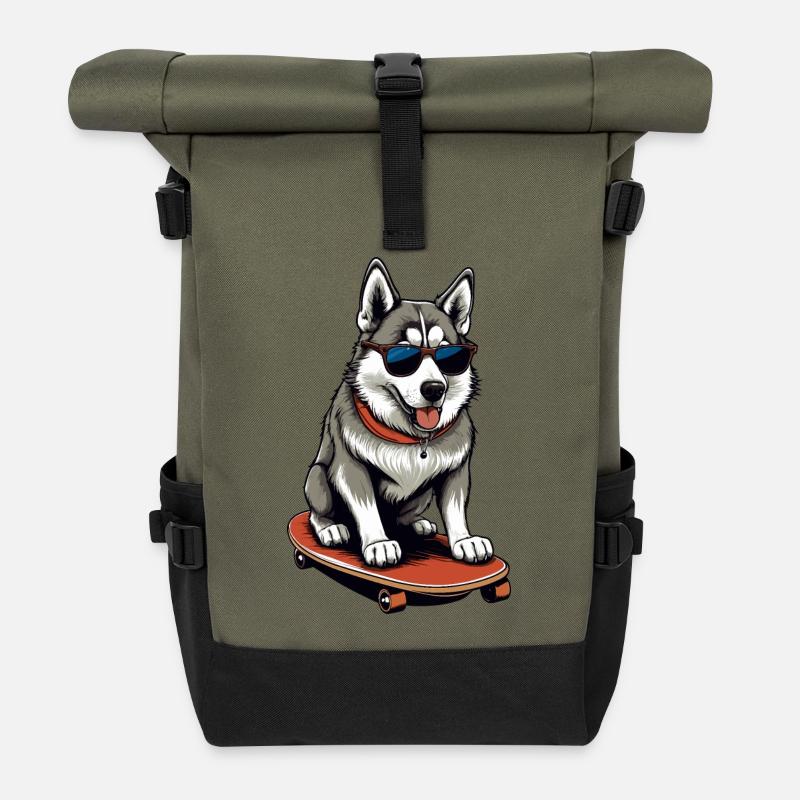 Süßer Husky auf Skateboard - Rolltop Rucksack - Olive/Schwarz