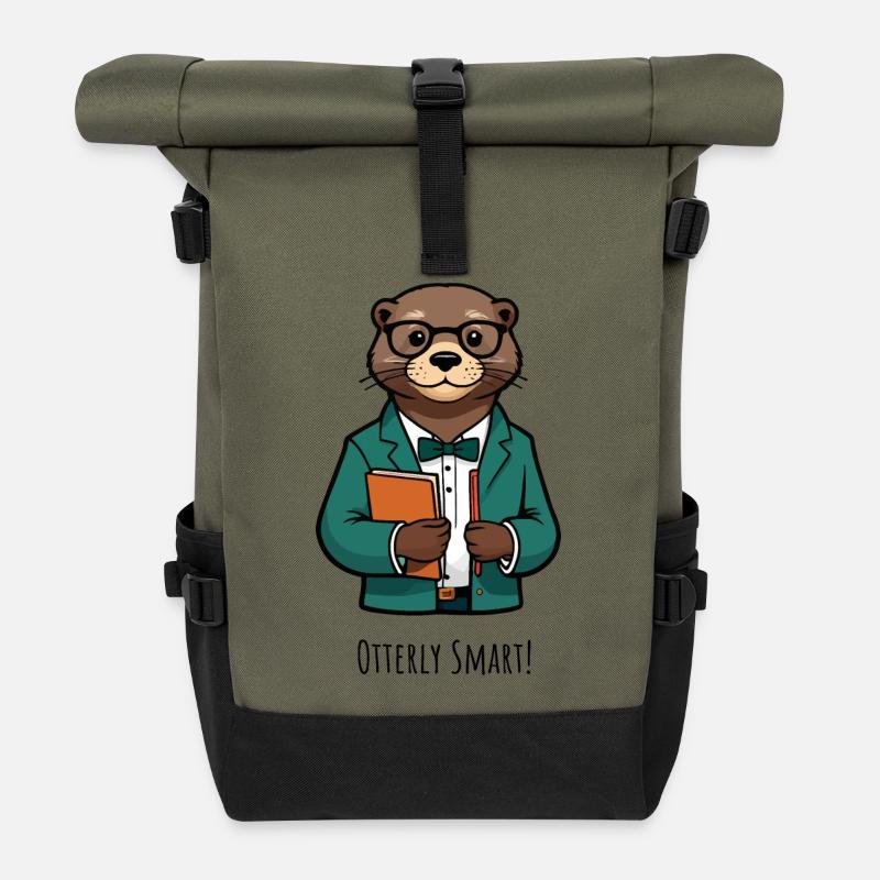 Otter Professor: Teal Blazer & Books - Roll Top Backpack - olive/black